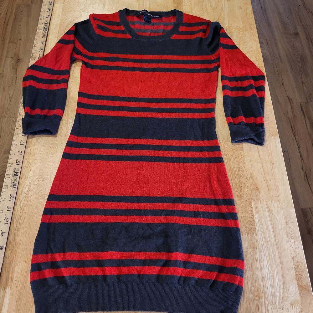 French Connection Red & Gray Striped Long Sleeve Mini Sweater Dress Bodycon Sm